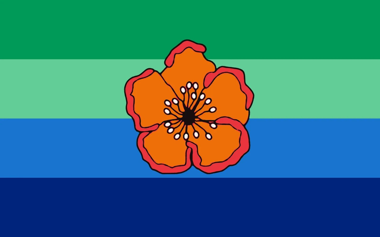 The Angaur State Flag: green, light blue and navy fields with a central orange Kelau flower