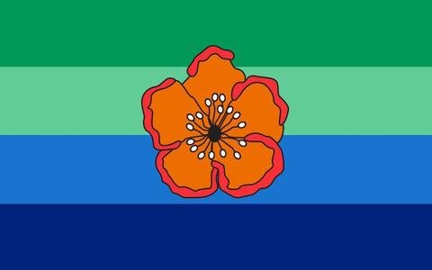 The Angaur State Flag: green, light blue and navy fields with a central orange Kelau flower